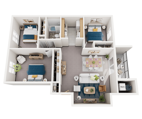 A white dollhouse with blue and white furniture.